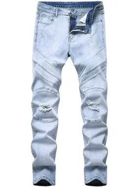 LONGBIDA Destroyed Stretch Skinny Slim Fit Washed Men Ripped Jeans