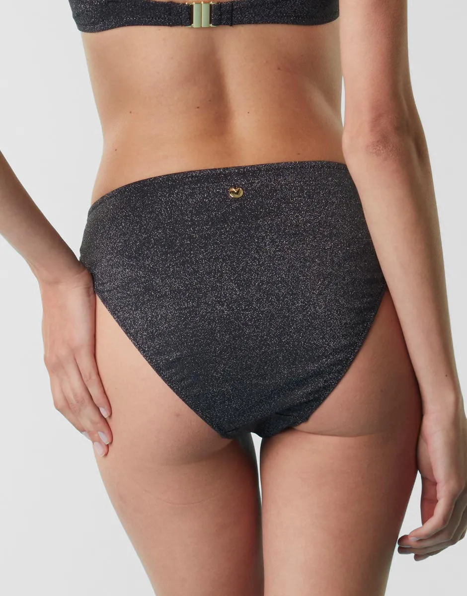 Maillot de bain slip midi échancré en microfibre, noir avec lurex