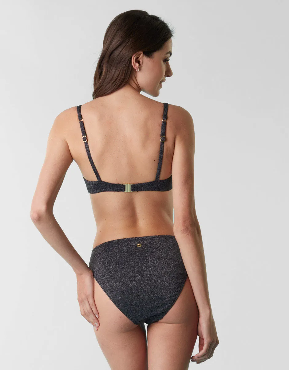 Maillot de bain slip midi échancré en microfibre, noir avec lurex