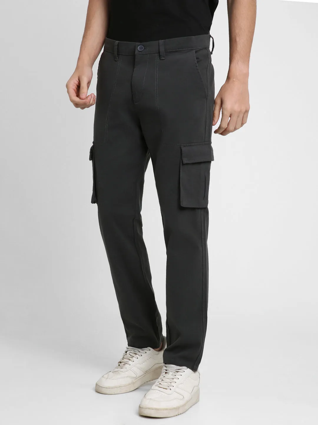 Men's Charcoal Grey Solid Cargo trousers