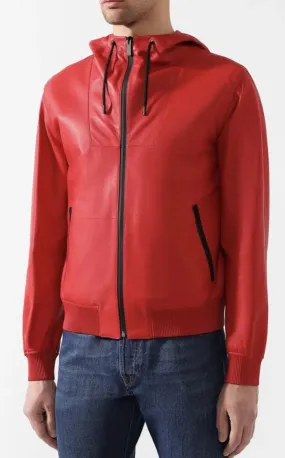 Meteorix Red Hooded Bomber Leather Jacket