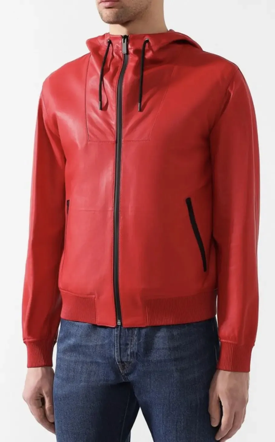Meteorix Red Hooded Bomber Leather Jacket