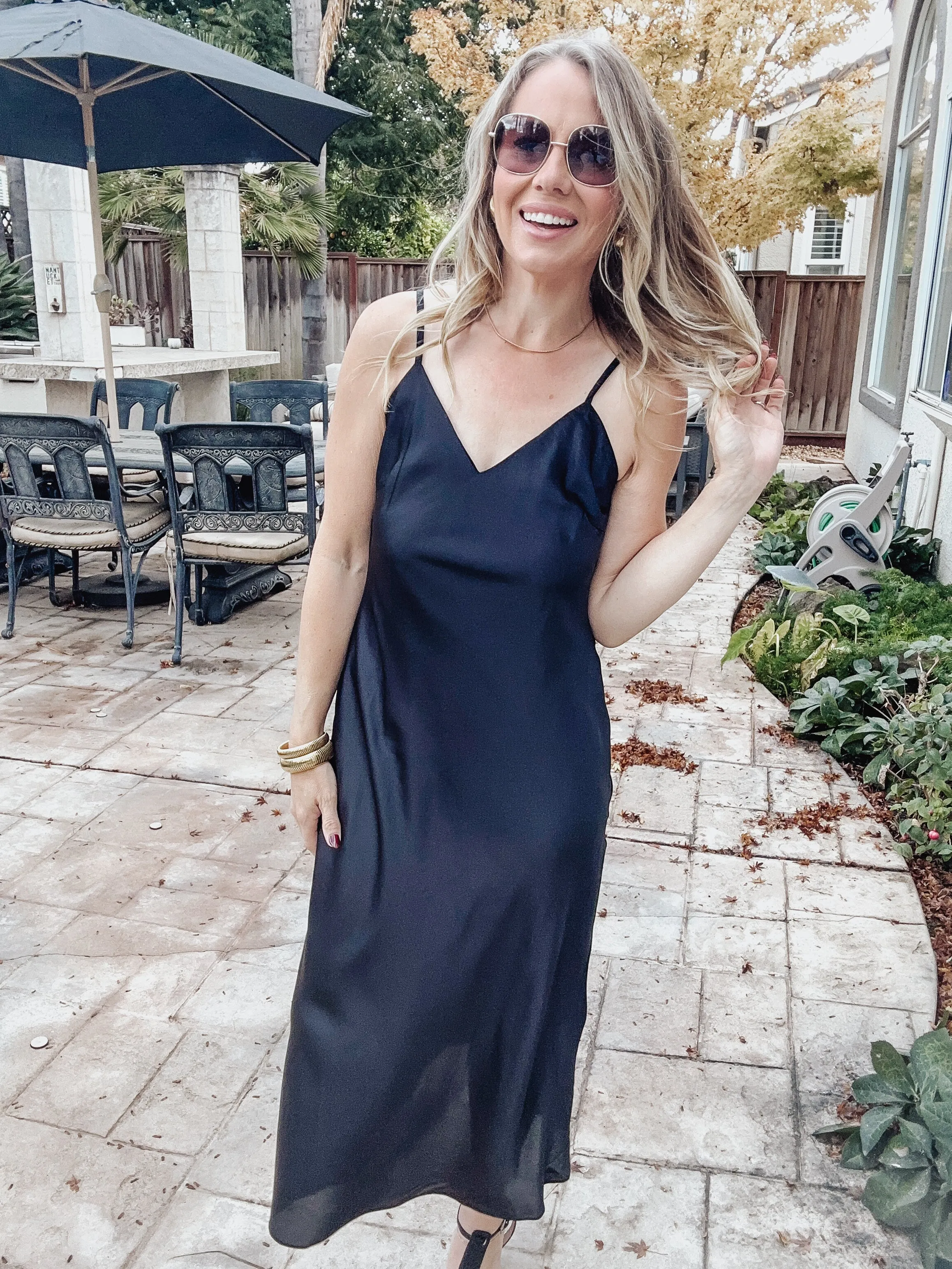 Midnight Countdown Satin V Neck Midi Slip Dress - Black
