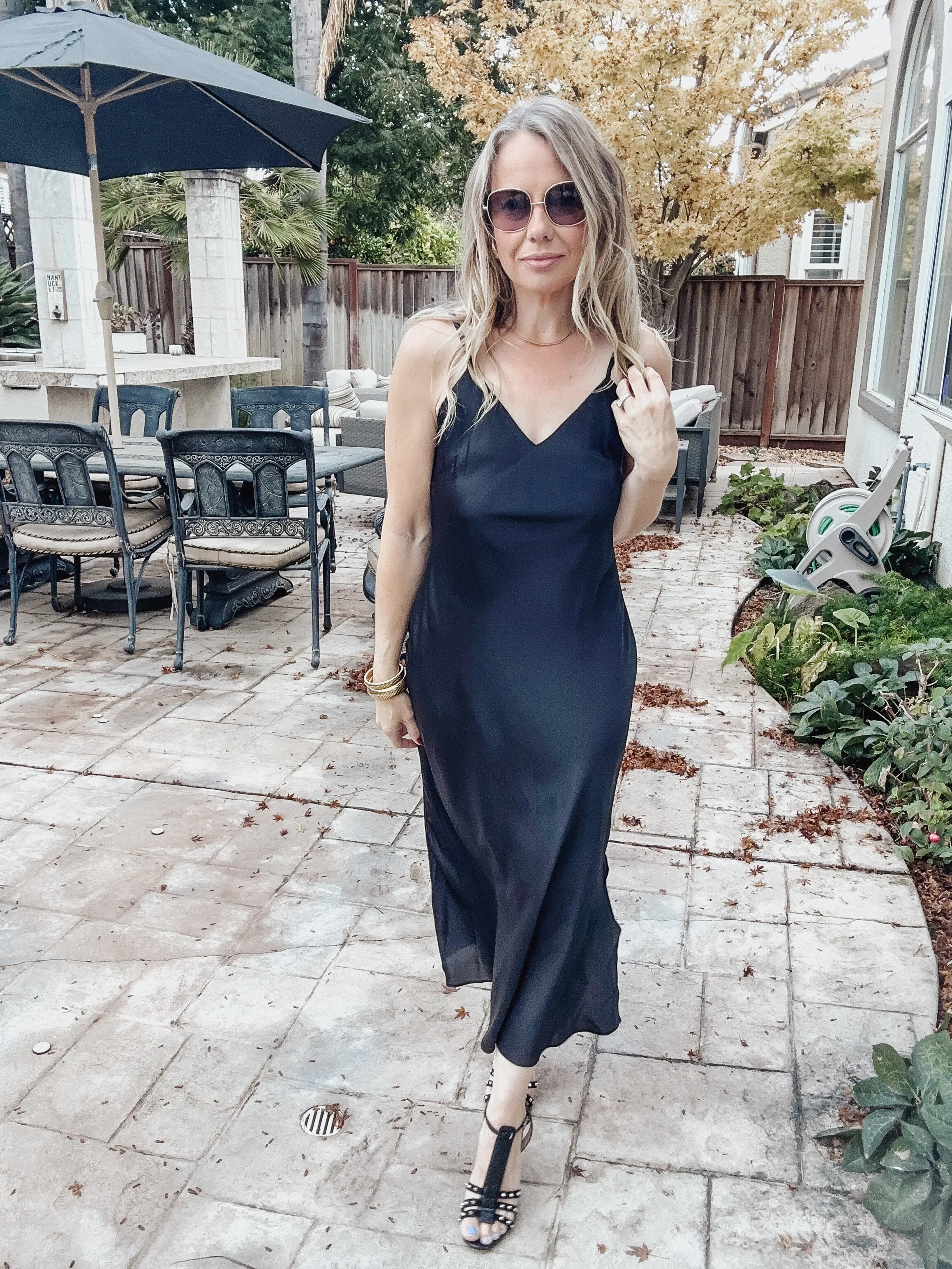 Midnight Countdown Satin V Neck Midi Slip Dress - Black