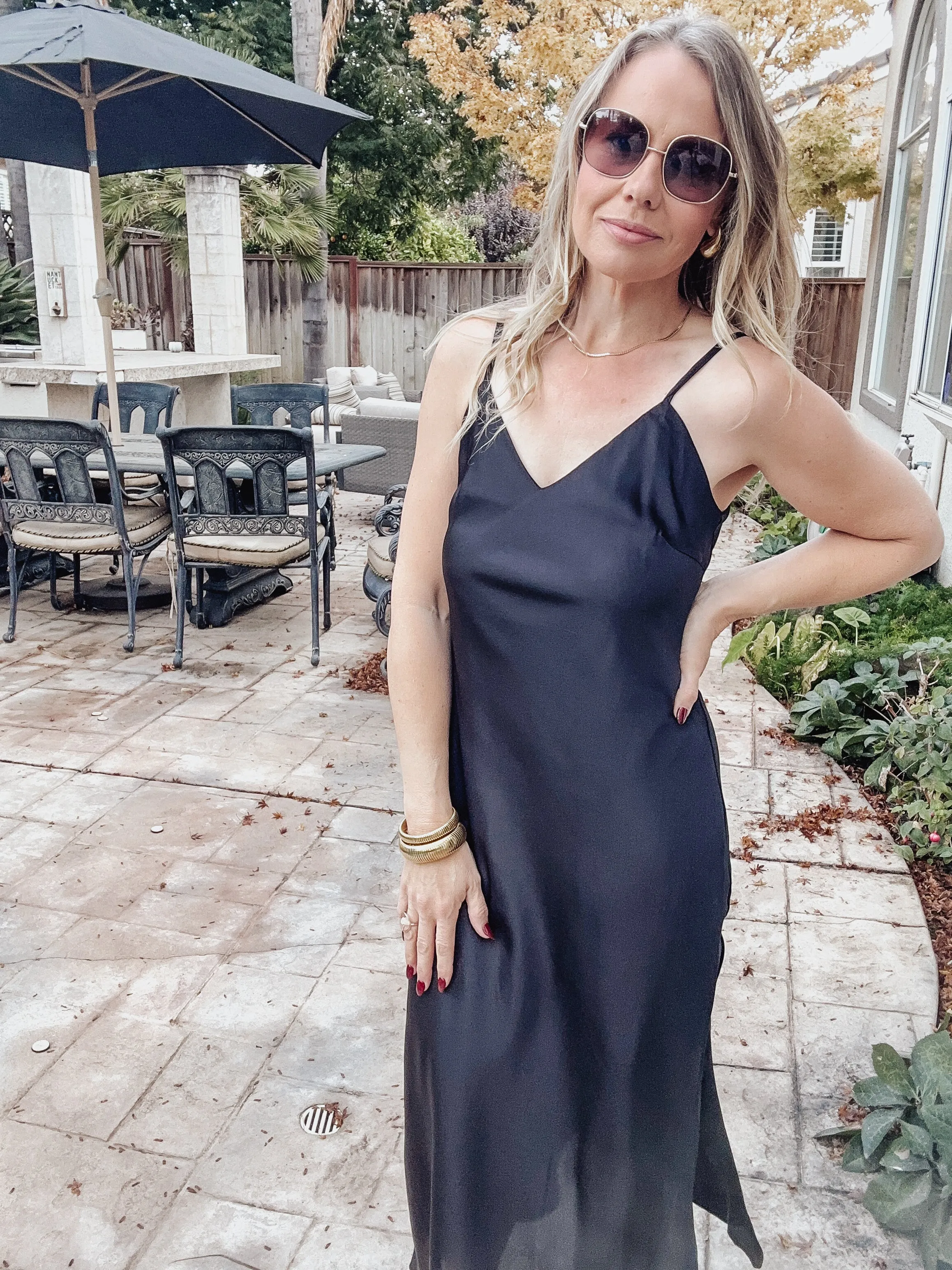 Midnight Countdown Satin V Neck Midi Slip Dress - Black