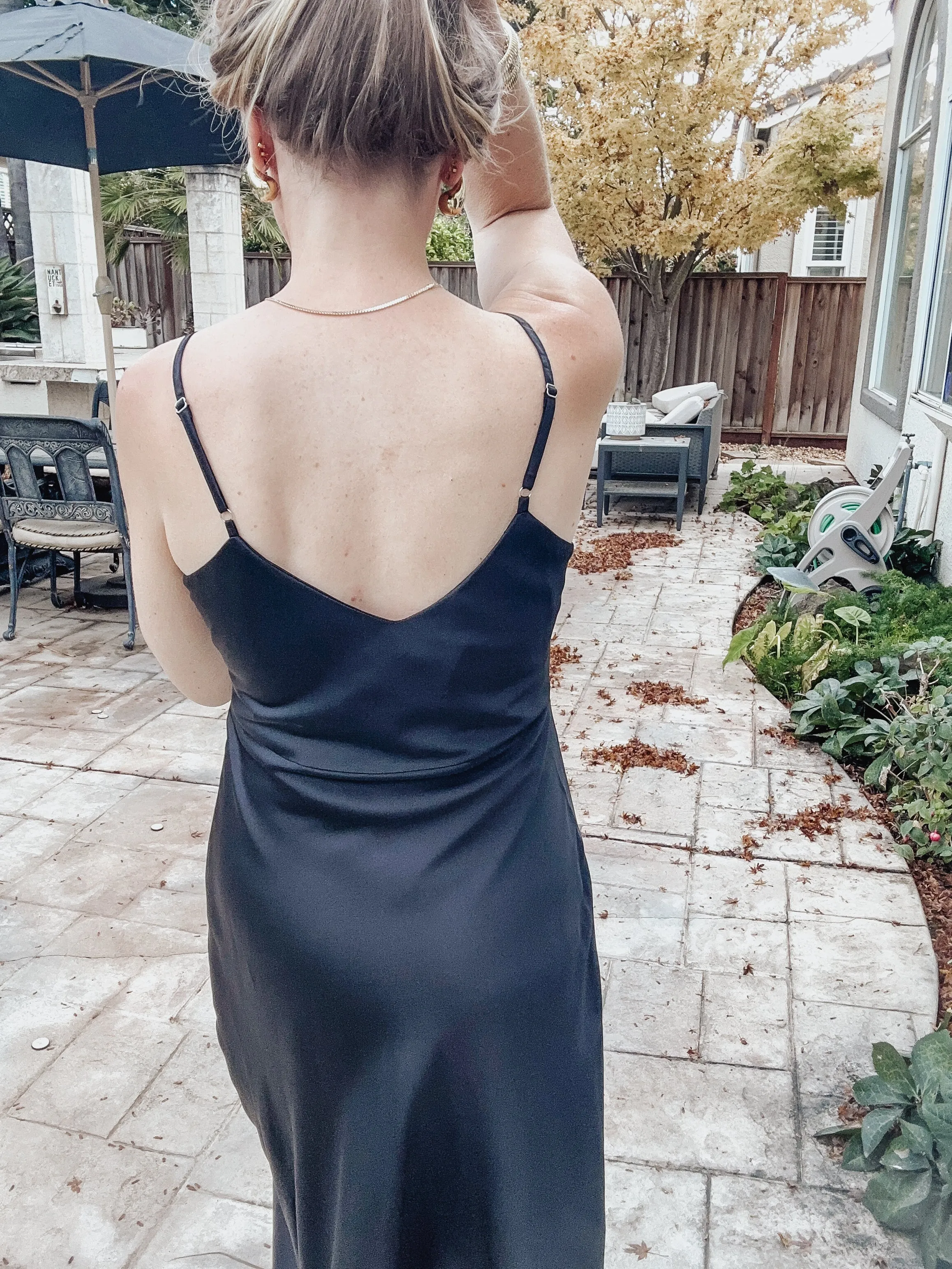 Midnight Countdown Satin V Neck Midi Slip Dress - Black