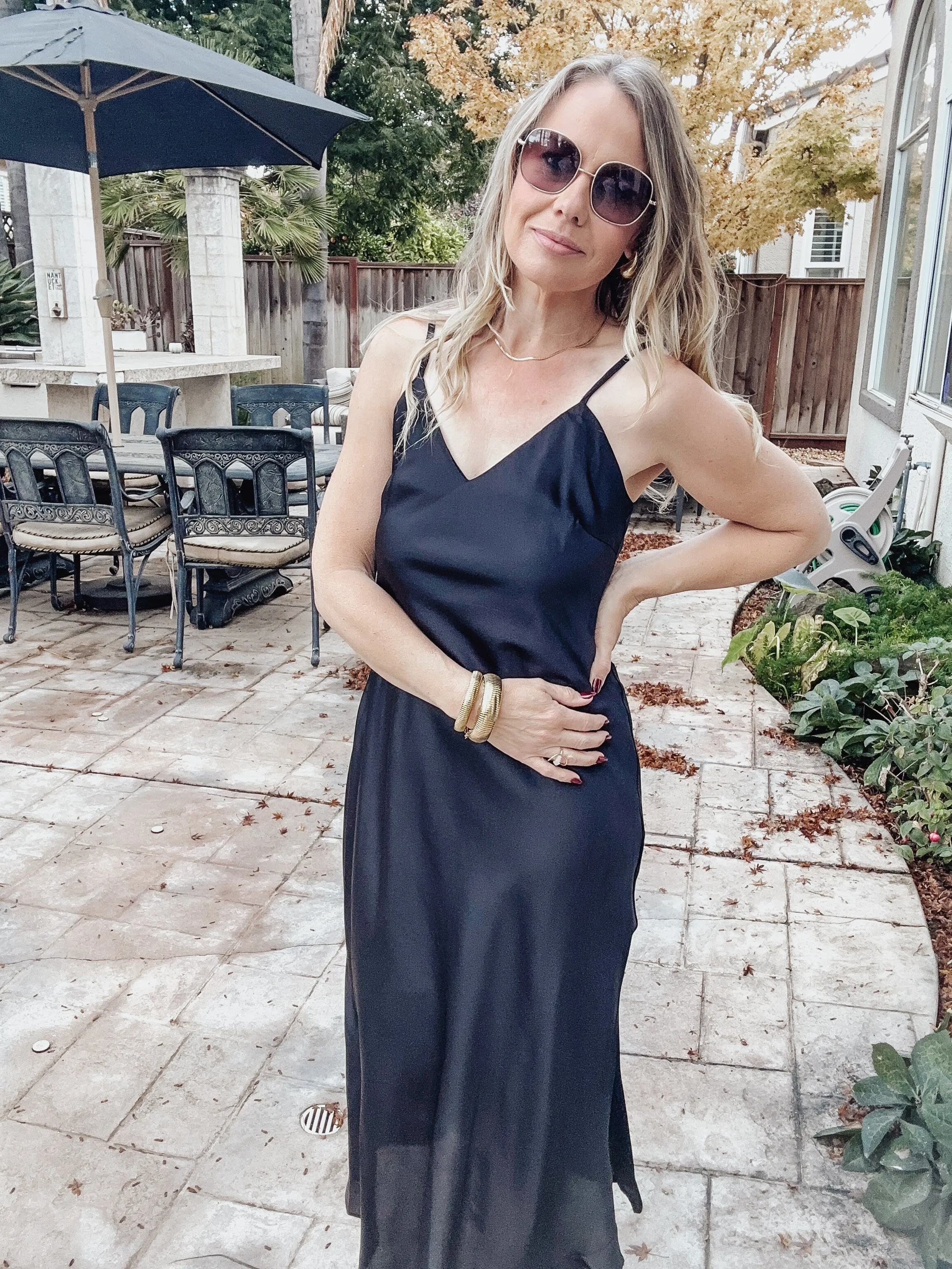Midnight Countdown Satin V Neck Midi Slip Dress - Black