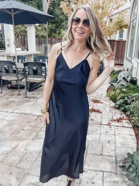 Midnight Countdown Satin V Neck Midi Slip Dress - Black