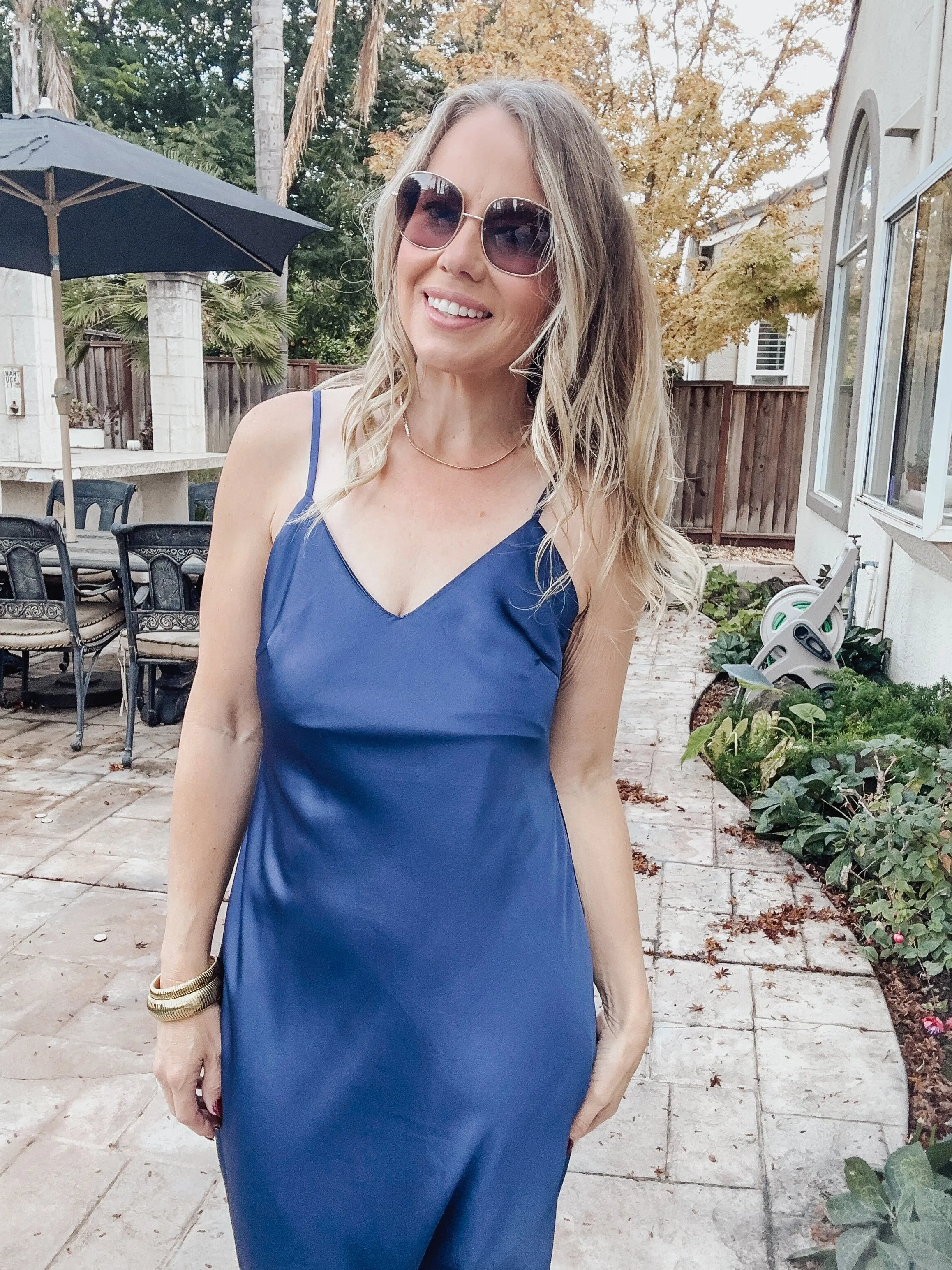 Midnight Countdown Satin V Neck Midi Slip Dress - Midnight Blue
