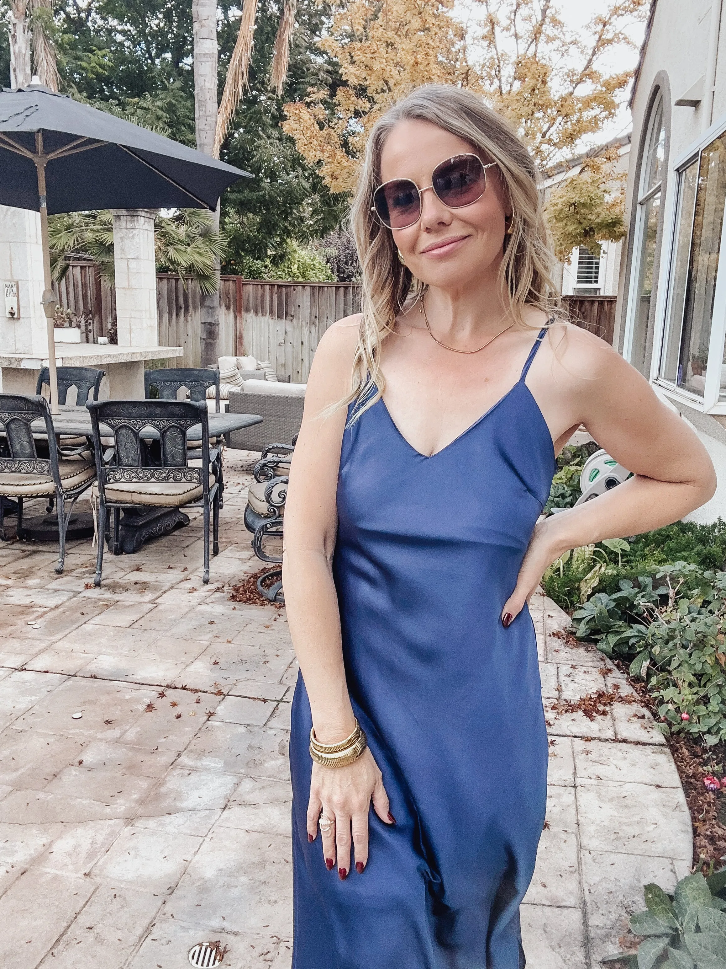 Midnight Countdown Satin V Neck Midi Slip Dress - Midnight Blue