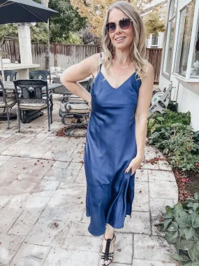 Midnight Countdown Satin V Neck Midi Slip Dress - Midnight Blue