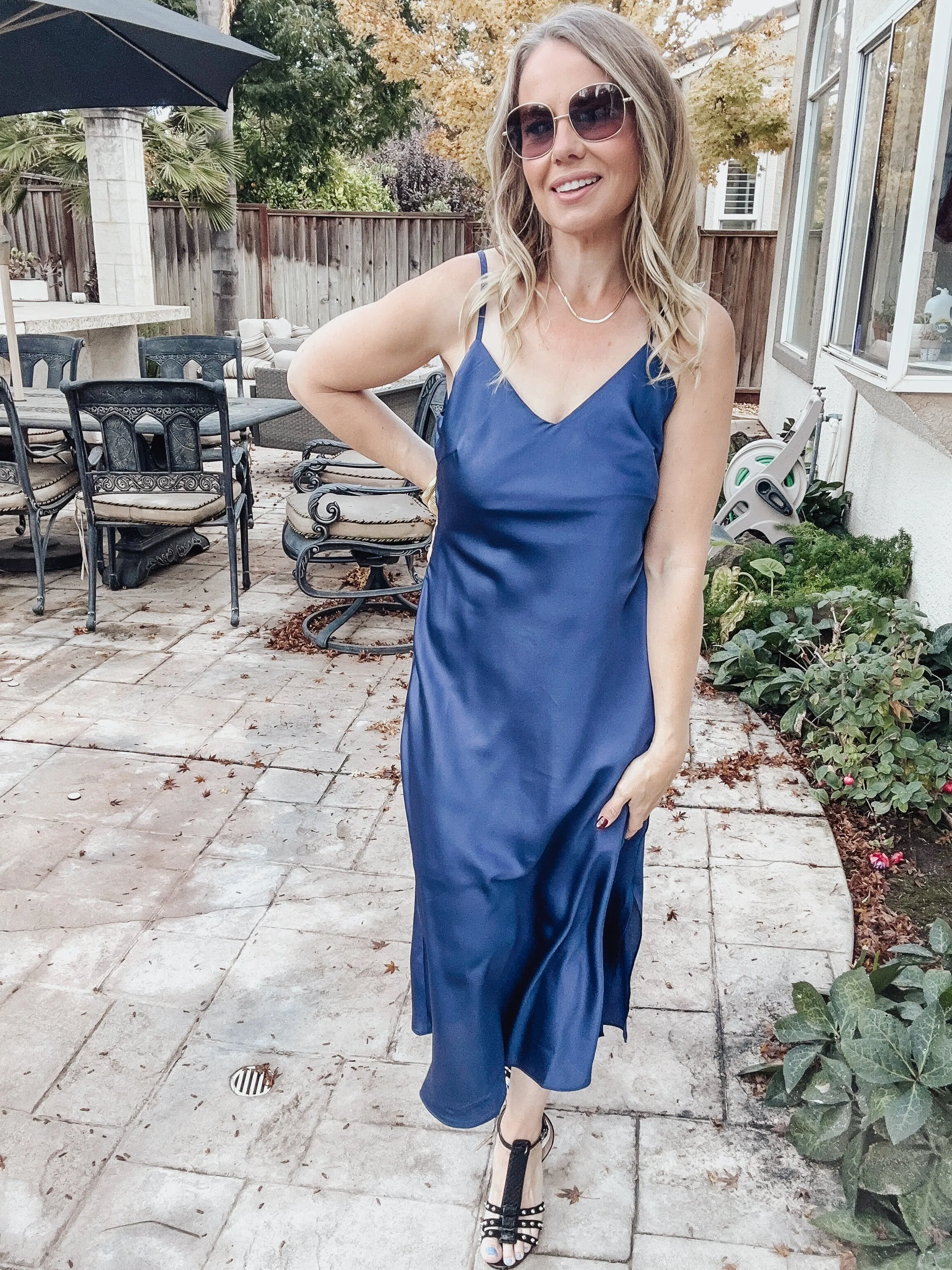 Midnight Countdown Satin V Neck Midi Slip Dress - Midnight Blue