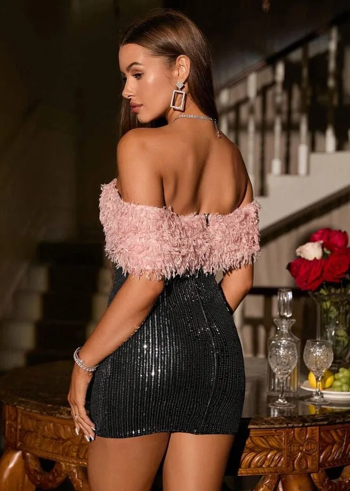 Off Shoulder Fuzzy Trim Sequin Bodycon Party Dress