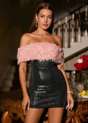 Off Shoulder Fuzzy Trim Sequin Bodycon Party Dress