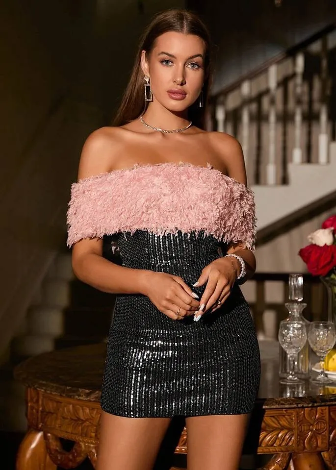 Off Shoulder Fuzzy Trim Sequin Bodycon Party Dress