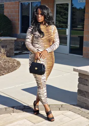 Pearl Women's Long Sleeve High Neck Tiger Print Midi Bodycon Dress Party Club Dress