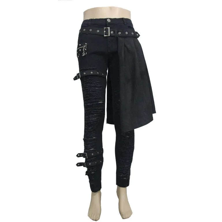 PT032 adjusted loops punk rock broken holes black men ripped trouser with skirt