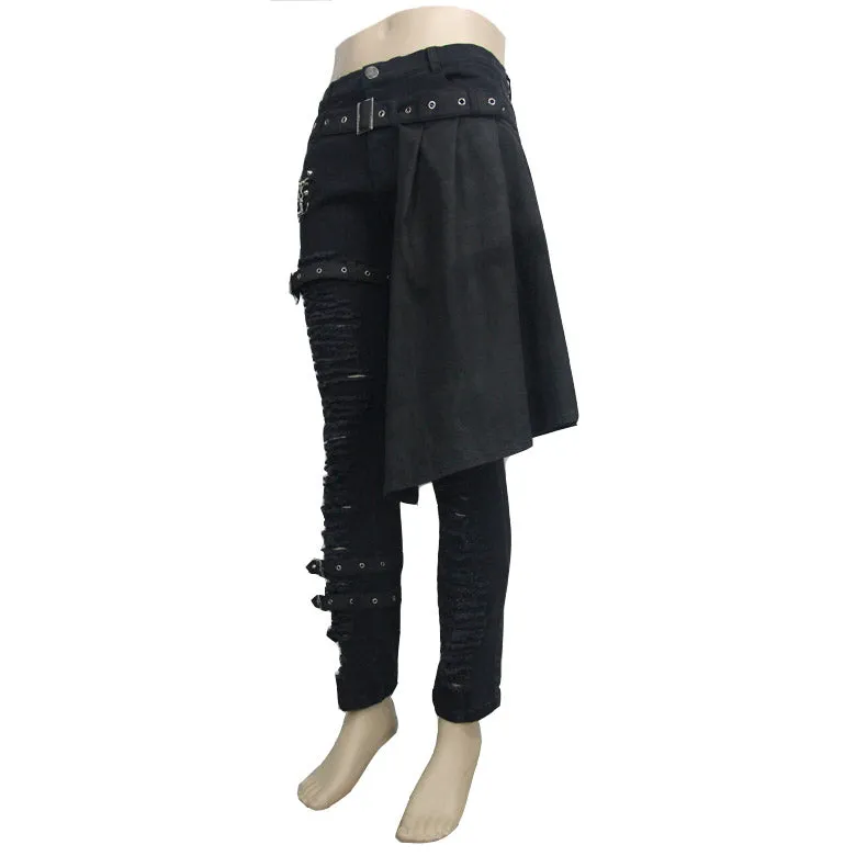 PT032 adjusted loops punk rock broken holes black men ripped trouser with skirt