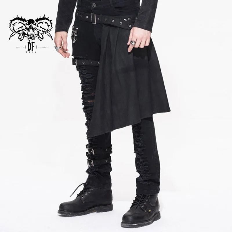 PT032 adjusted loops punk rock broken holes black men ripped trouser with skirt