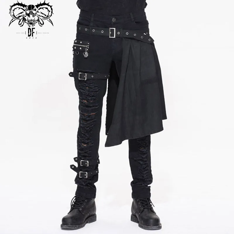 PT032 adjusted loops punk rock broken holes black men ripped trouser with skirt
