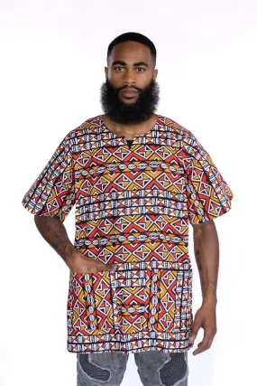 Red / Orange Bogolan  Dashiki Shirt / Dashiki Dress - African print top - Unisex