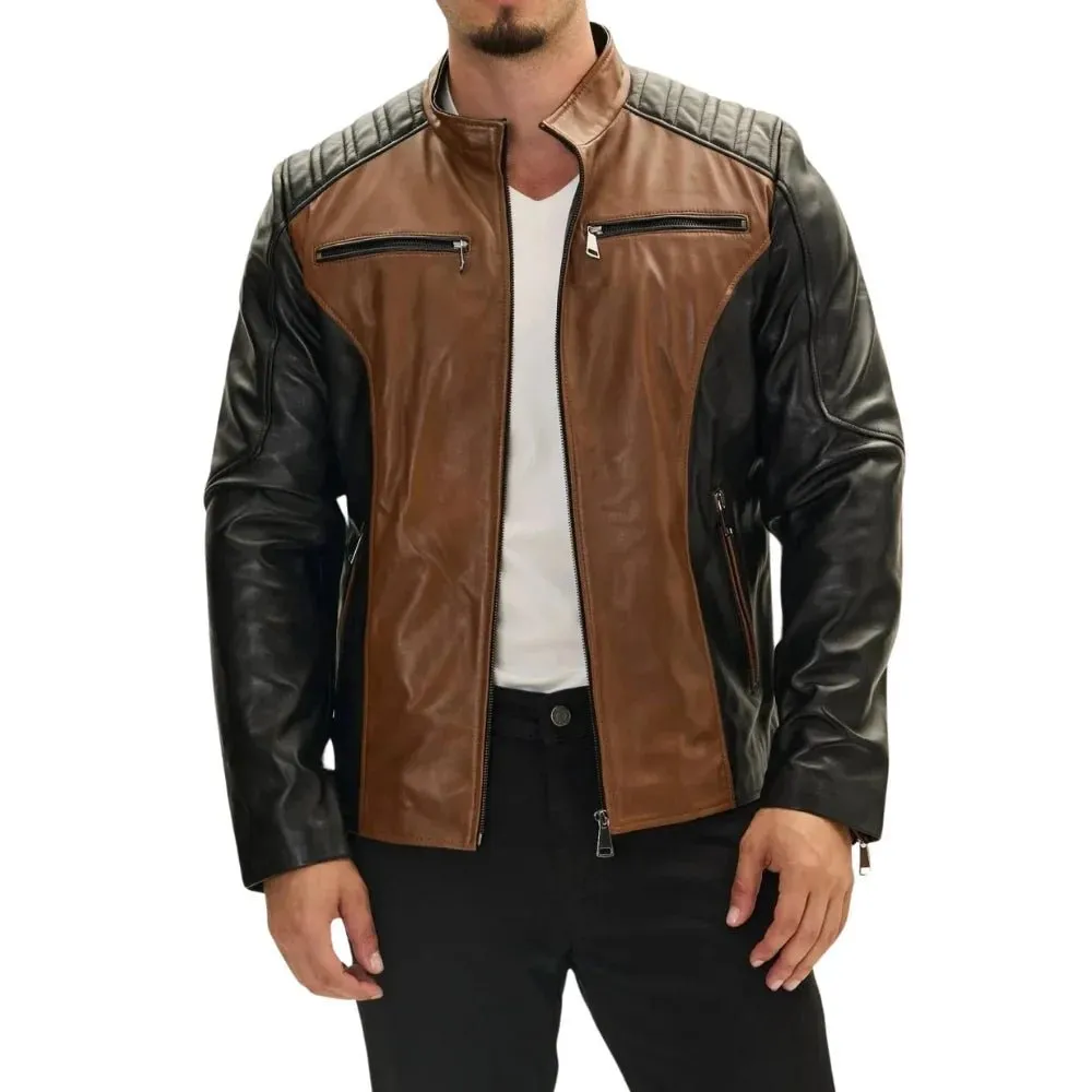 Roadster Two Tone Men's Black and Brown Leather Jacket