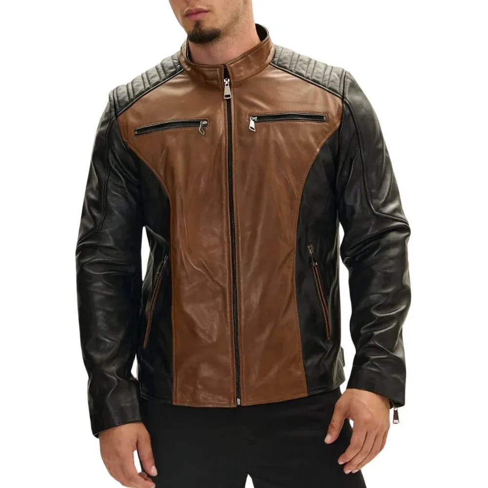 Roadster Two Tone Men's Black and Brown Leather Jacket