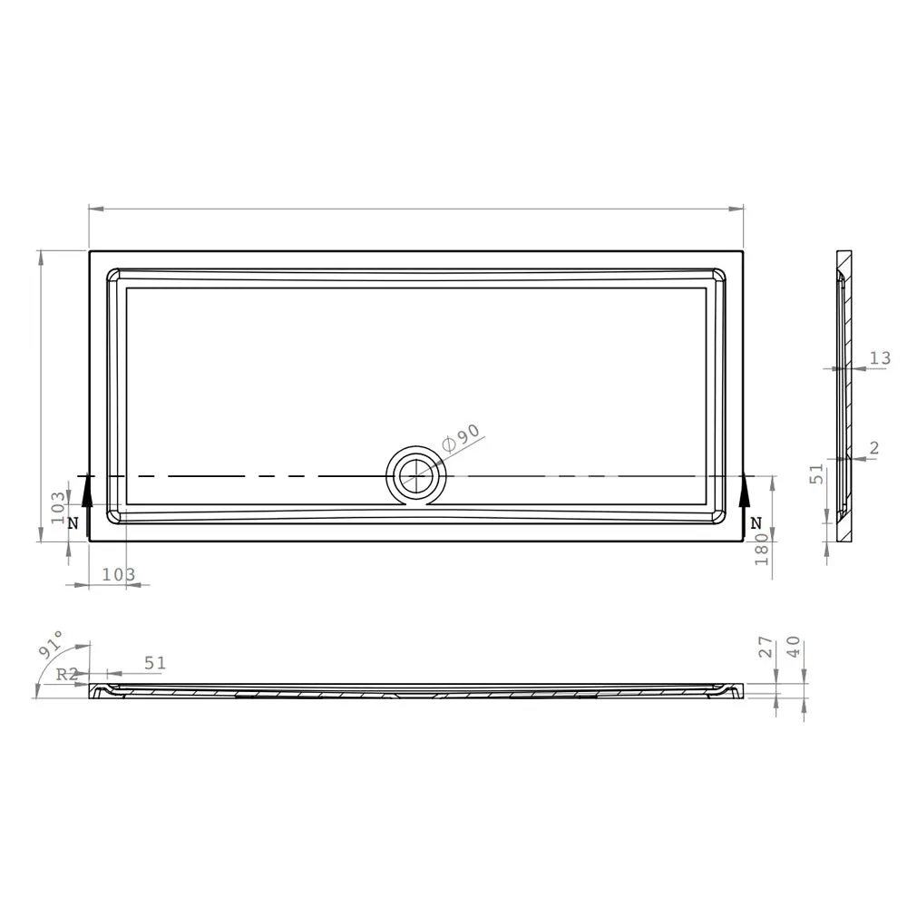 Roman Stone Solid Surface Anti Slip Shower Tray - 1400 x 700 x 40mm