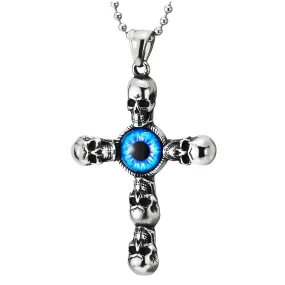 Stainless Steel Mens Womens Vintage Skull Blue Evil Eye Cross Pendant Necklace , 30 in Ball Chain