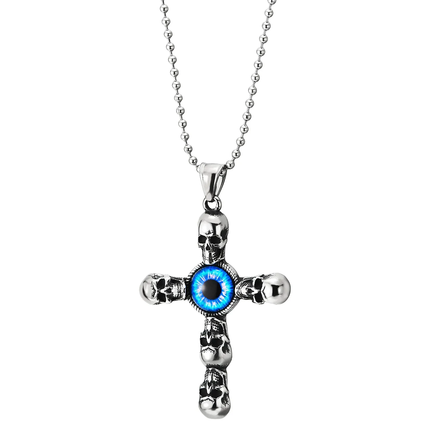 Stainless Steel Mens Womens Vintage Skull Blue Evil Eye Cross Pendant Necklace , 30 in Ball Chain