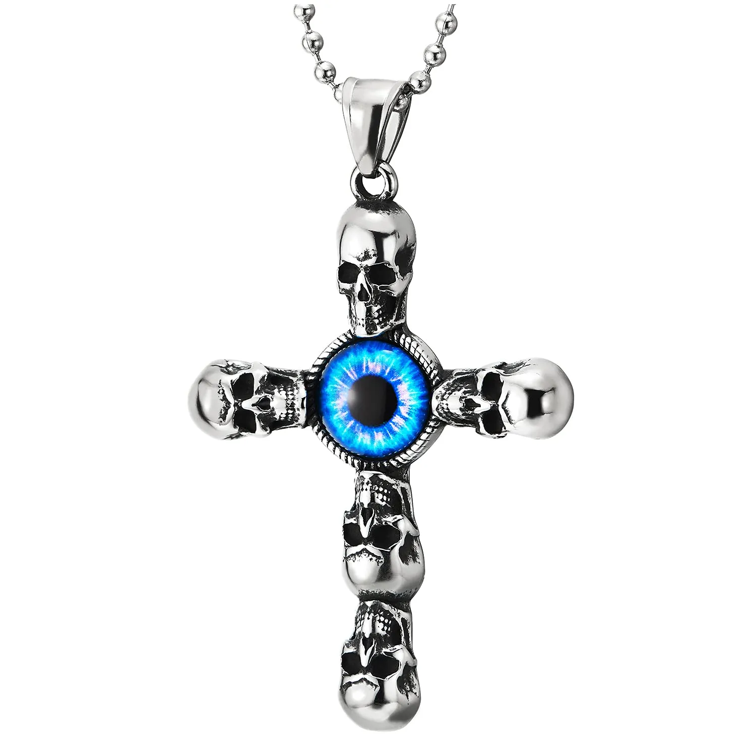 Stainless Steel Mens Womens Vintage Skull Blue Evil Eye Cross Pendant Necklace , 30 in Ball Chain