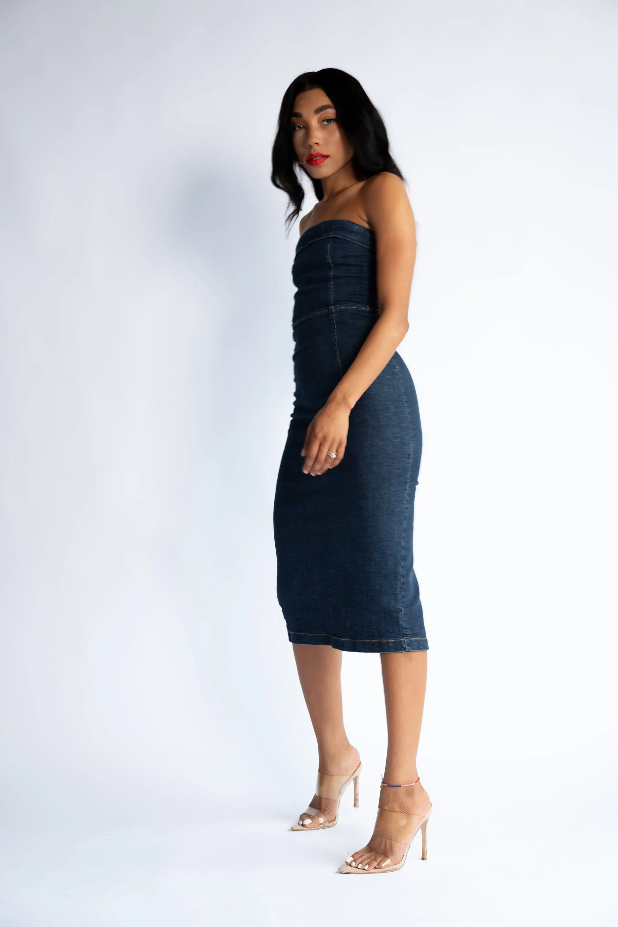Strapless Stretch Denim Midi Dress