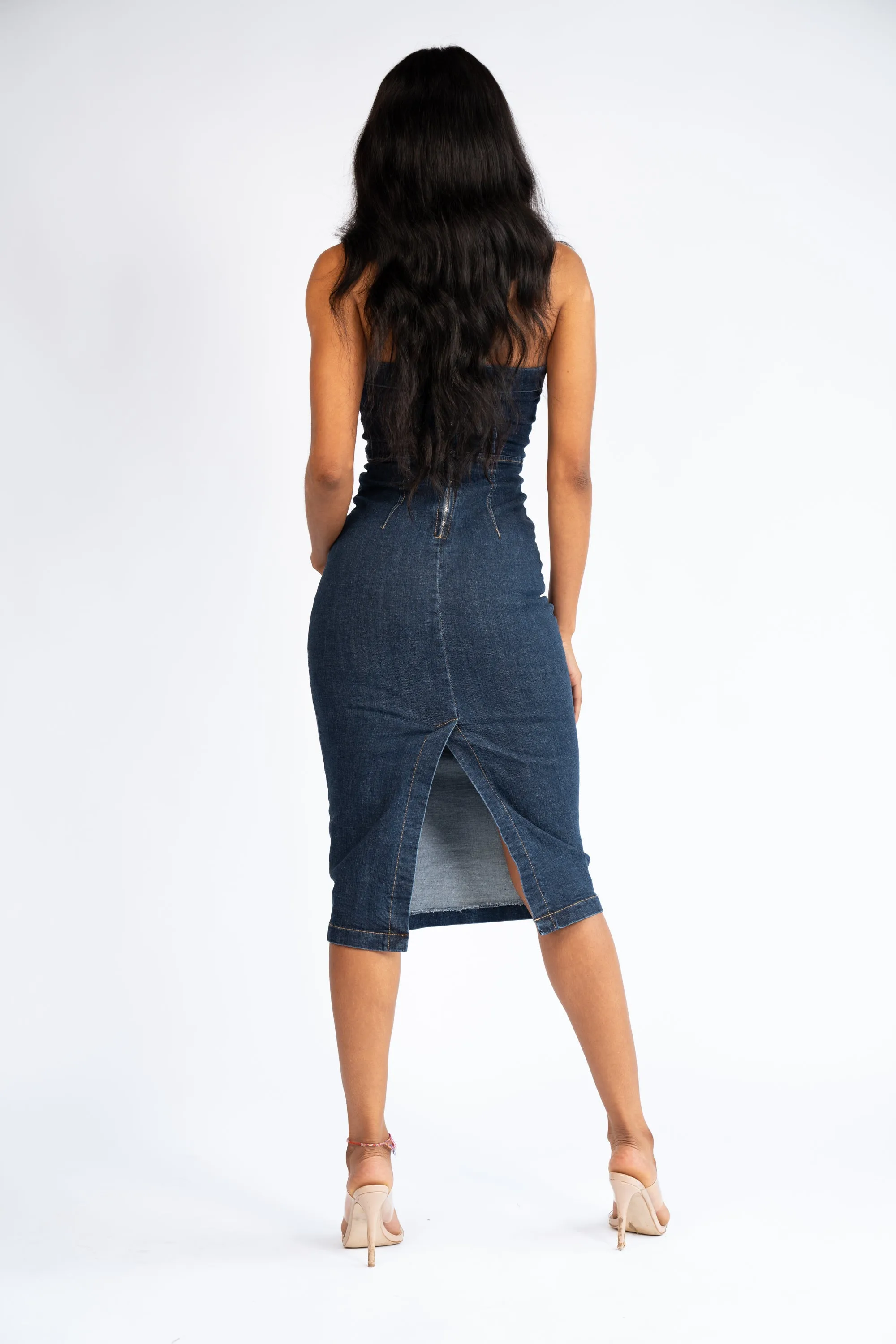 Strapless Stretch Denim Midi Dress