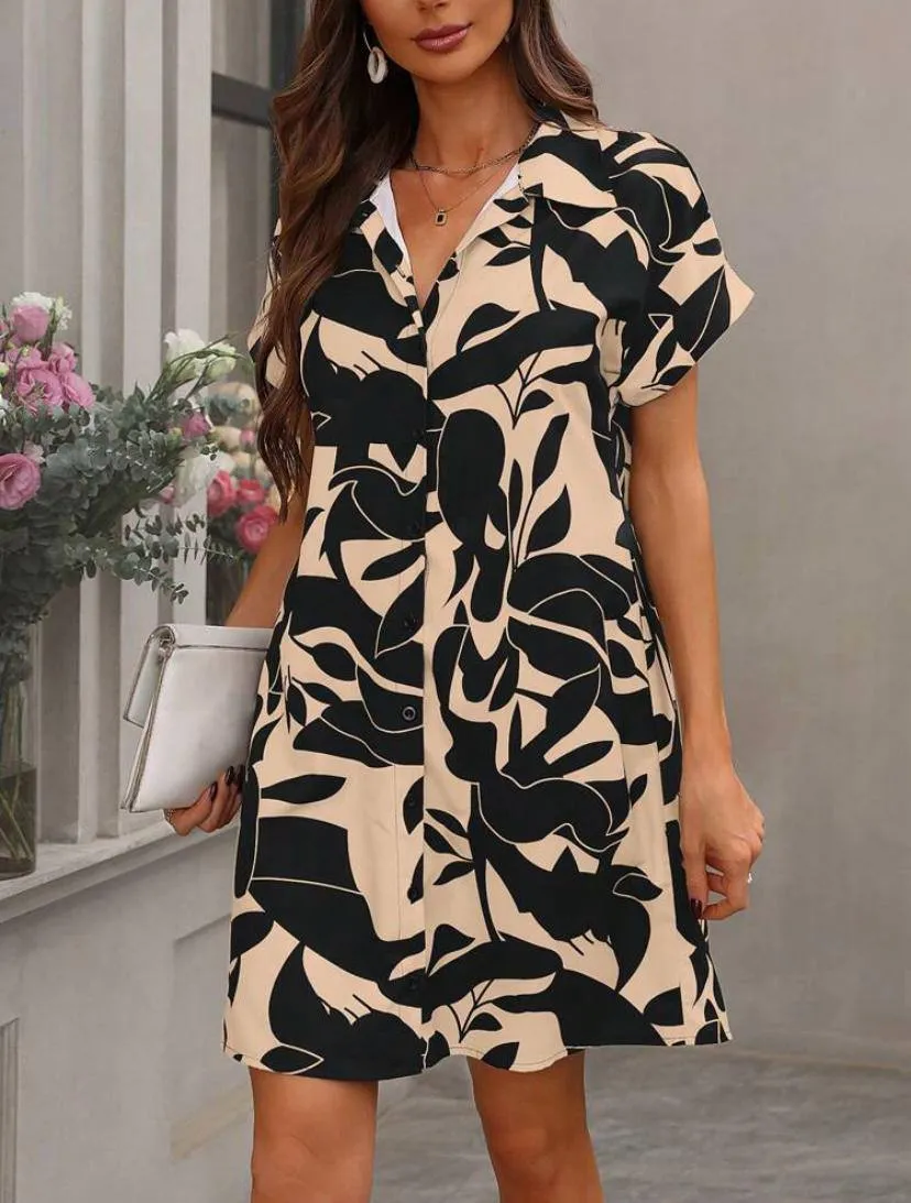 SUMMER FLORAL MINI DRESS WITH BUTTON UP SHORT SLEEVE SUN DRESS