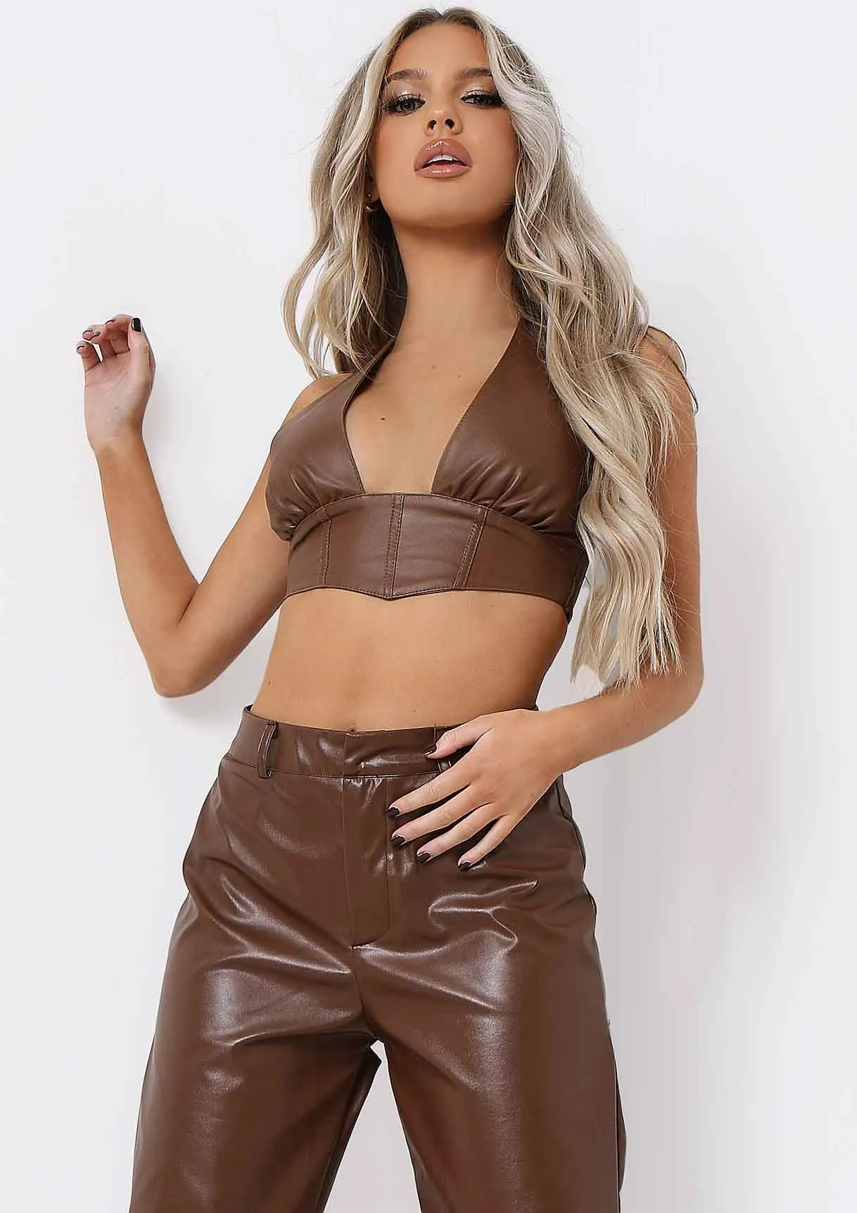 Teyana Chocolate PU Bum Split Detail Trousers
