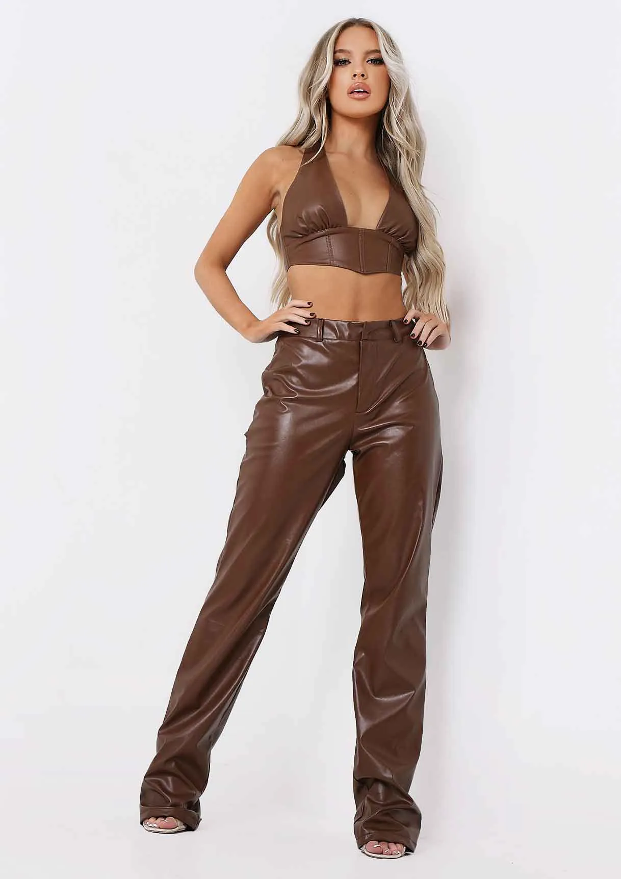 Teyana Chocolate PU Bum Split Detail Trousers