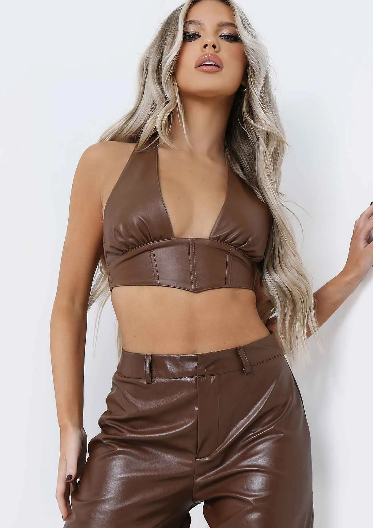 Teyana Chocolate PU Bum Split Detail Trousers