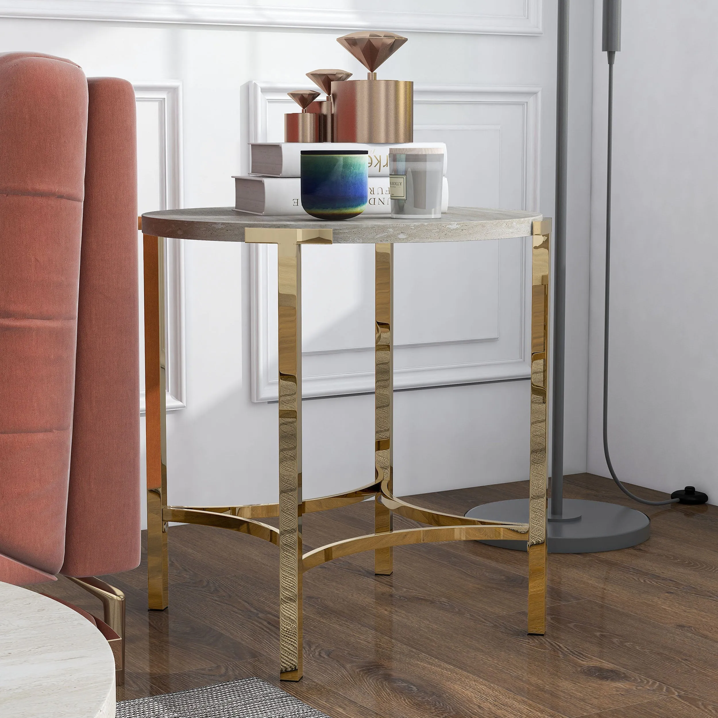 Upstreet Glam Champagne and Faux White Marble 24-inch Round End Table