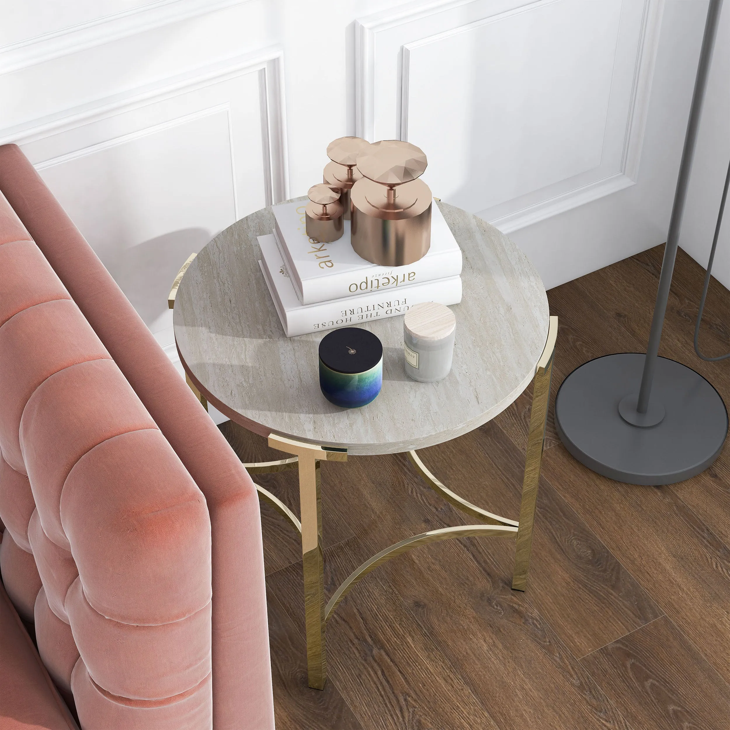 Upstreet Glam Champagne and Faux White Marble 24-inch Round End Table