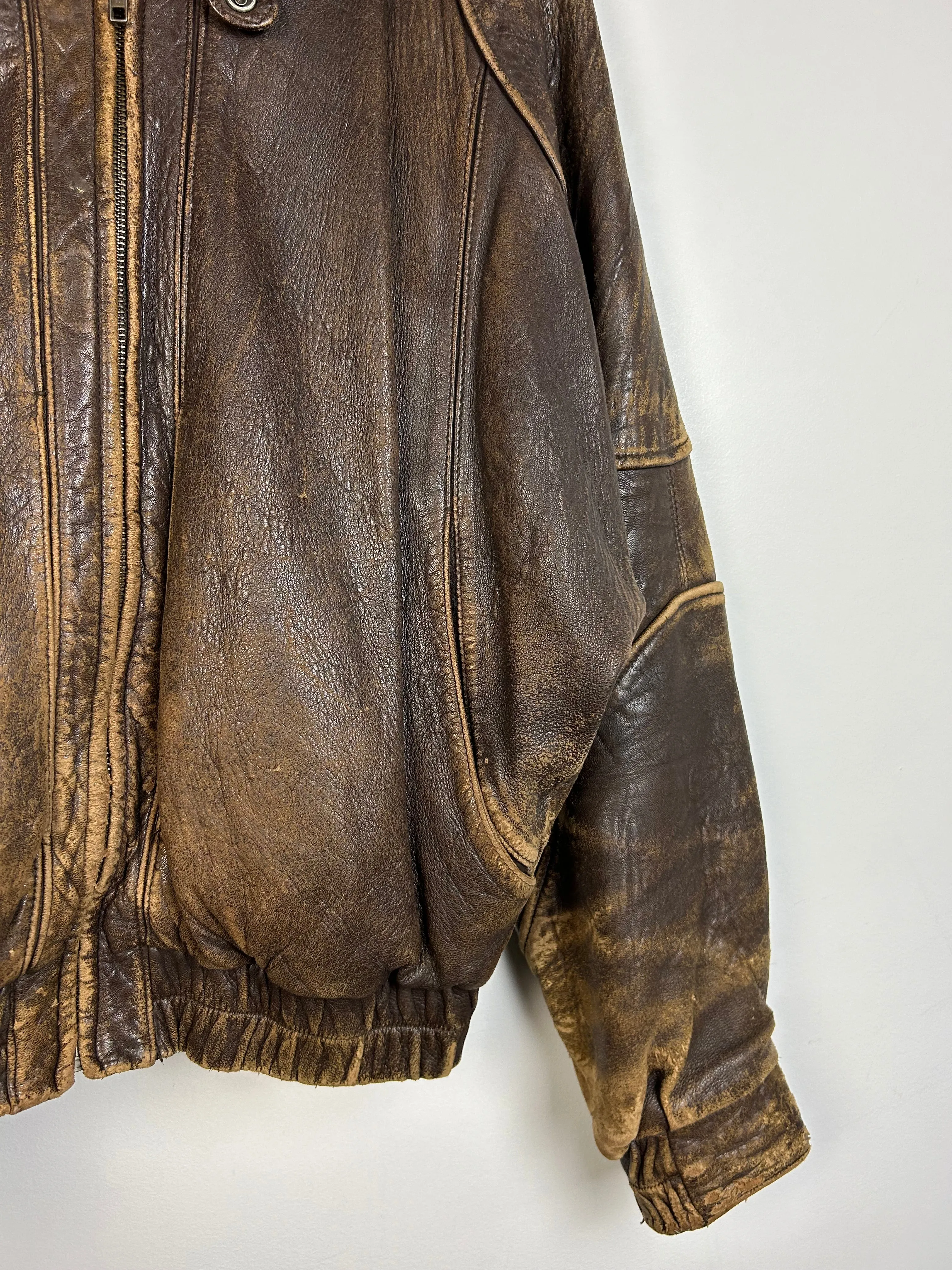 Vintage 90s Summit Faded Brown Leather Cropped Bomber Jacket