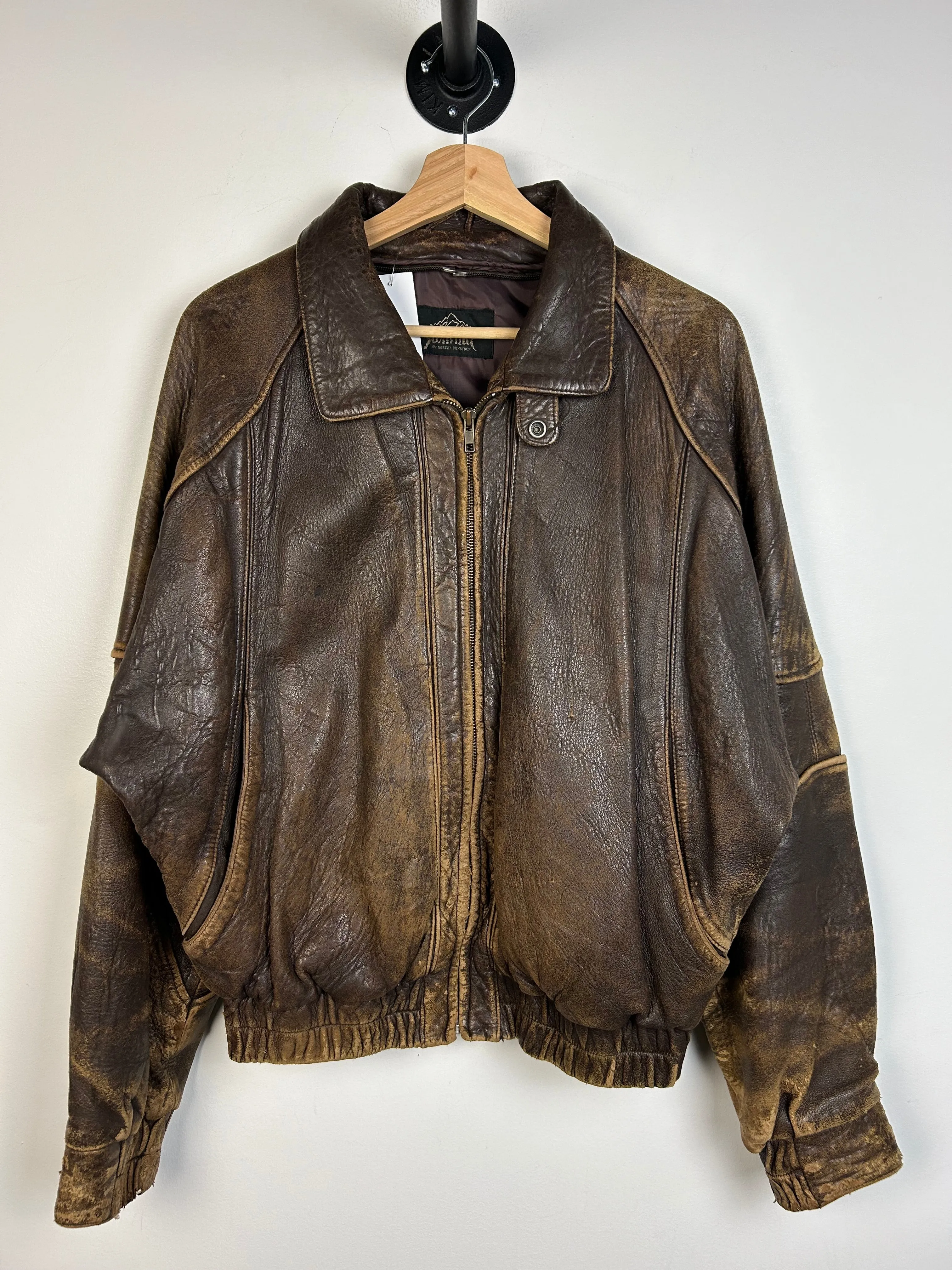 Vintage 90s Summit Faded Brown Leather Cropped Bomber Jacket