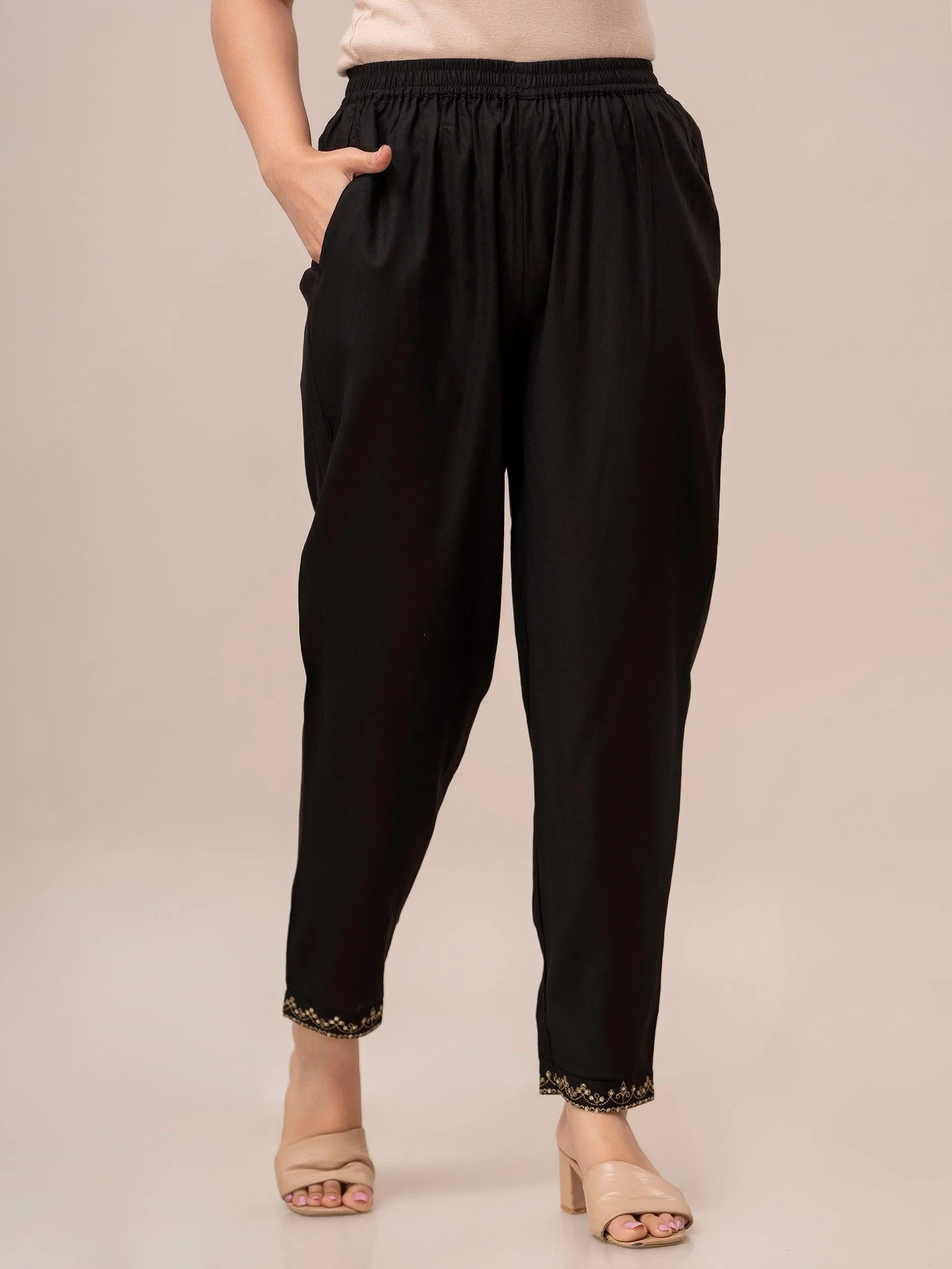Women Black Sequinned Yoke Design Kurta with Trousers