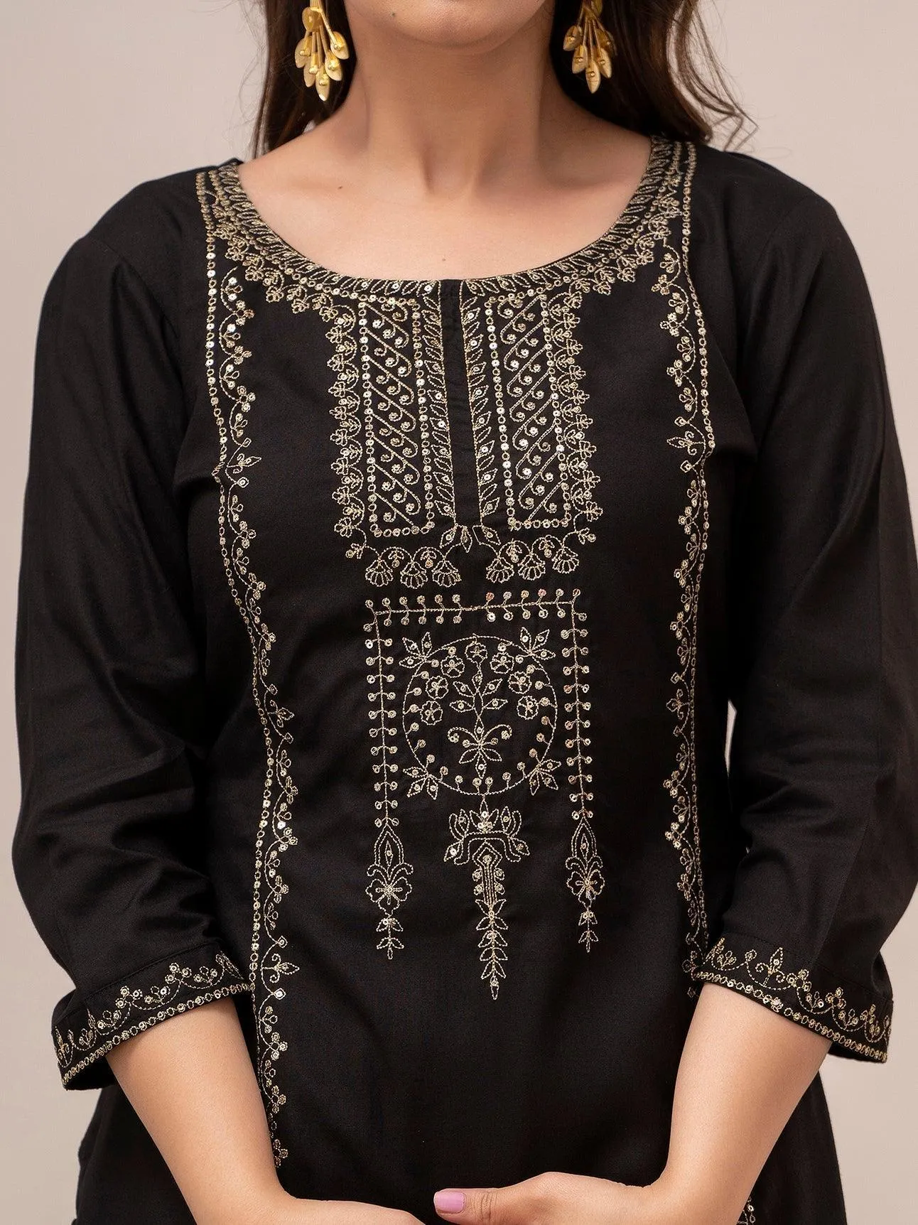 Women Black Sequinned Yoke Design Kurta with Trousers