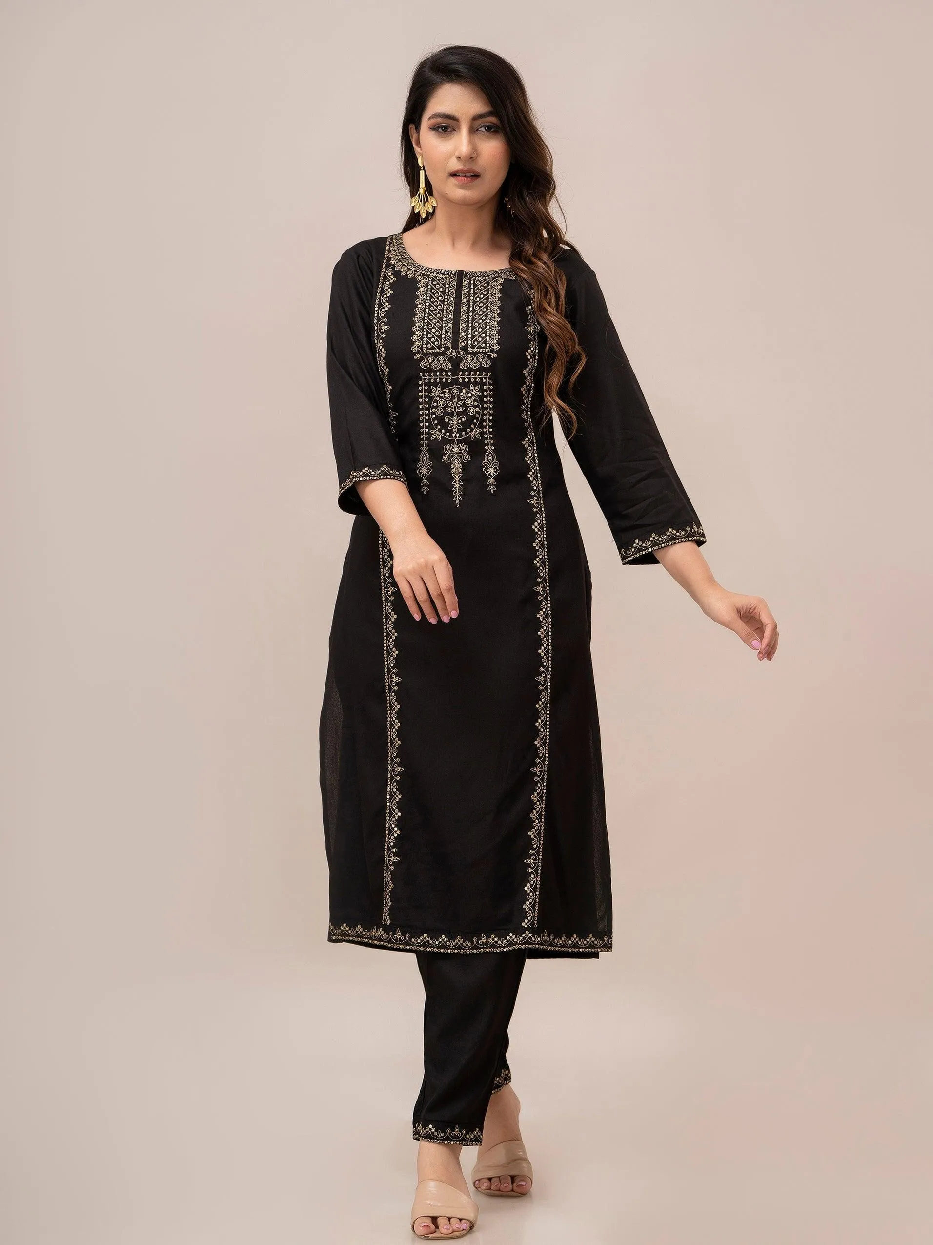 Women Black Sequinned Yoke Design Kurta with Trousers