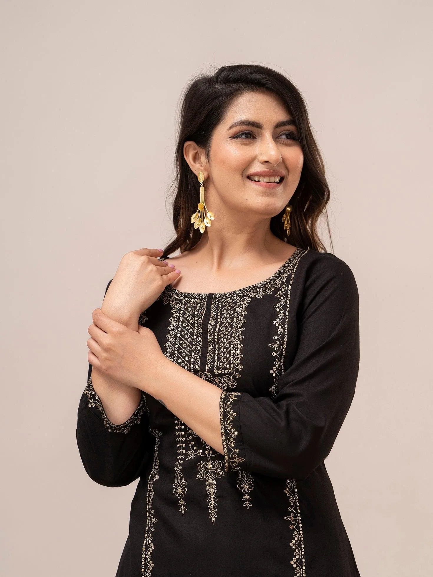 Women Black Sequinned Yoke Design Kurta with Trousers