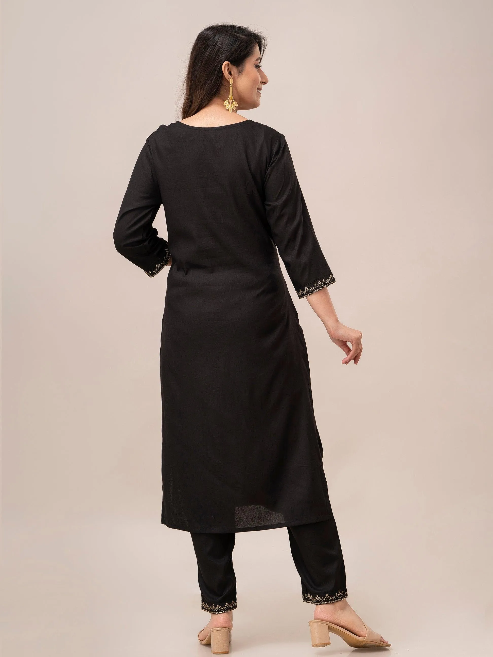 Women Black Sequinned Yoke Design Kurta with Trousers