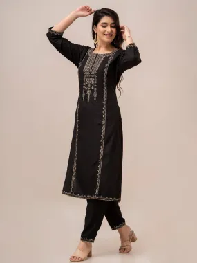 Women Black Sequinned Yoke Design Kurta with Trousers