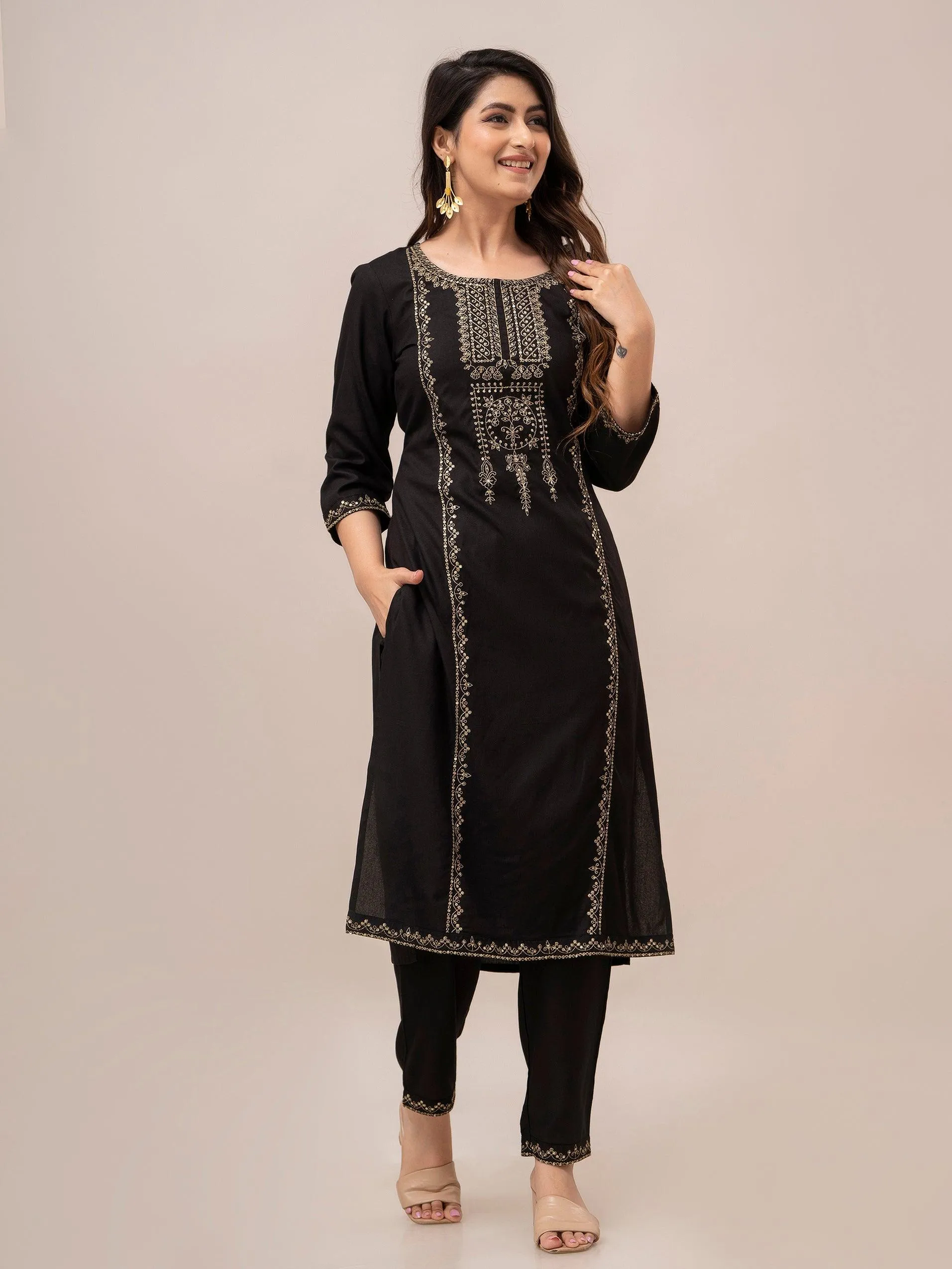 Women Black Sequinned Yoke Design Kurta with Trousers