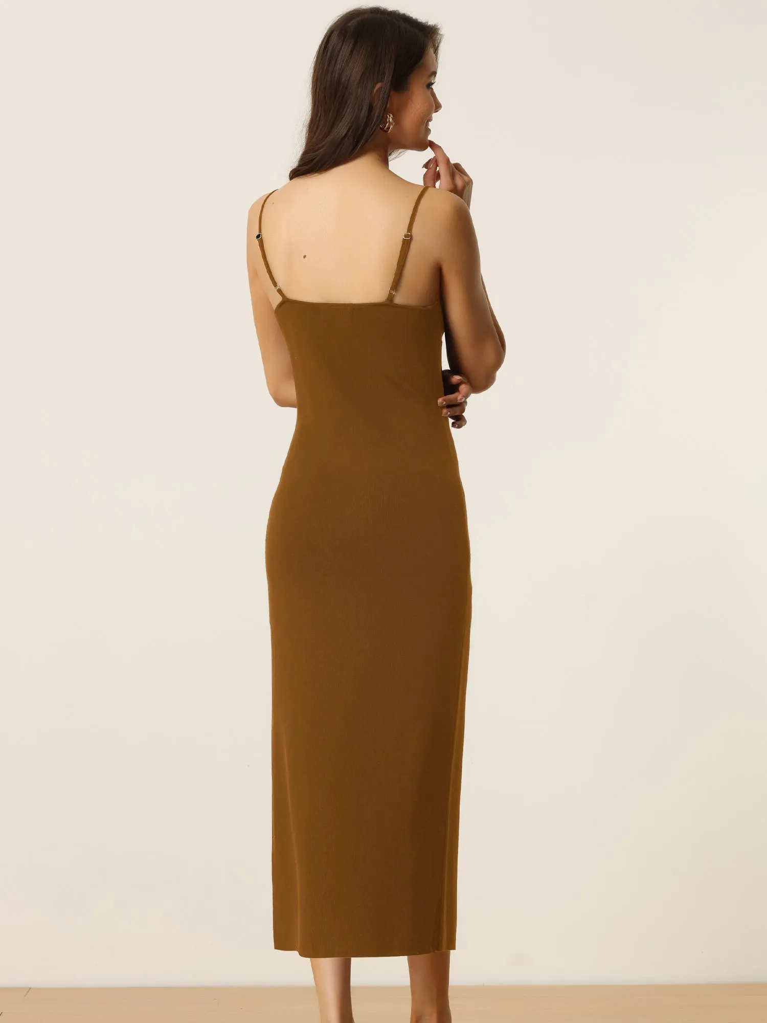 Womens' V Neck Summer Spaghetti Strap Bodycon Midi Cami Dress