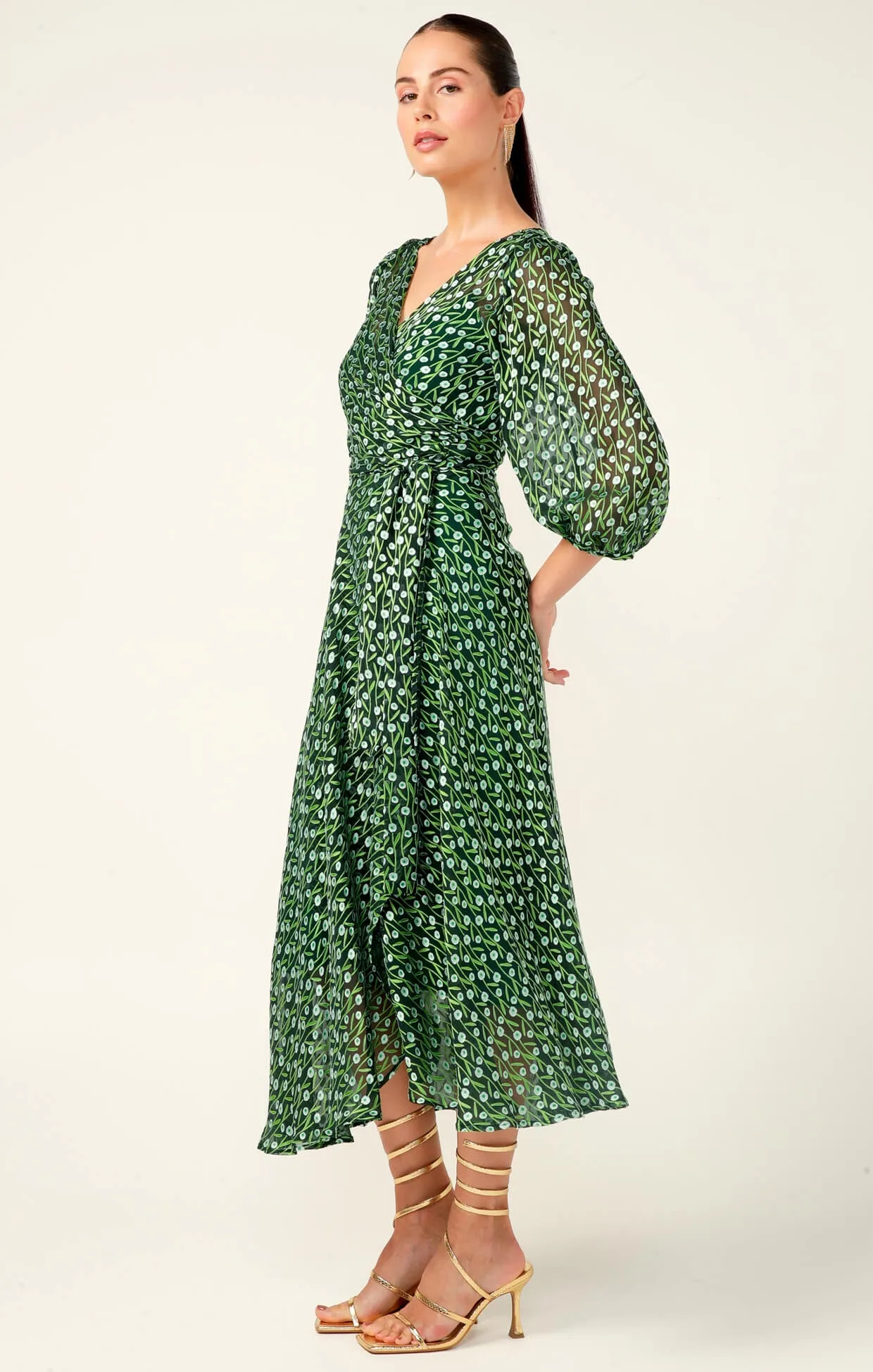 Wonderland Midi Wrap Dress - Emerald Poppy